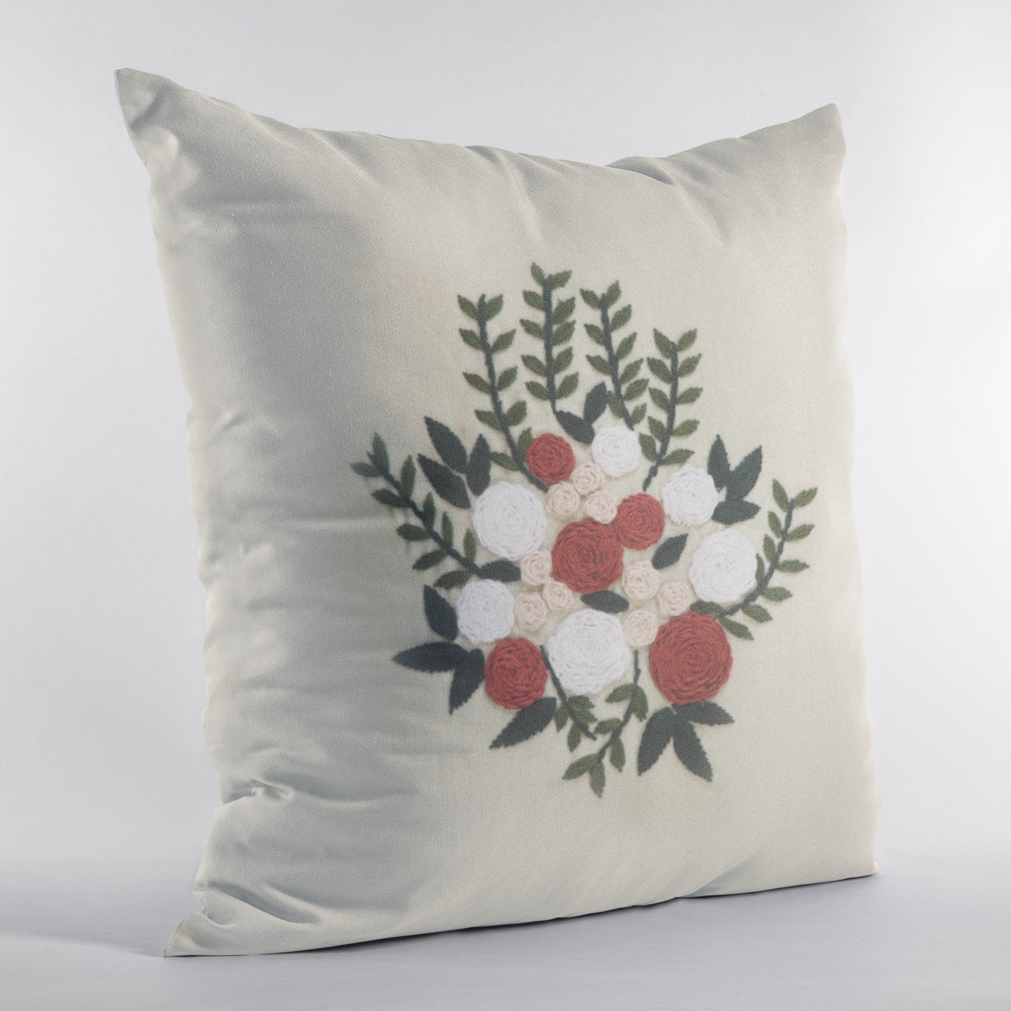 Beige Floral Hand Embroidered Cushion