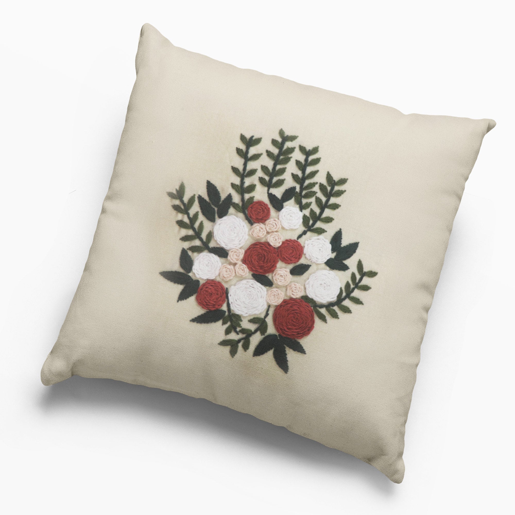 Beige Floral Hand Embroidered Cushion