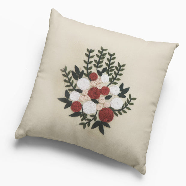 Beige Floral Hand Embroidered Cushion