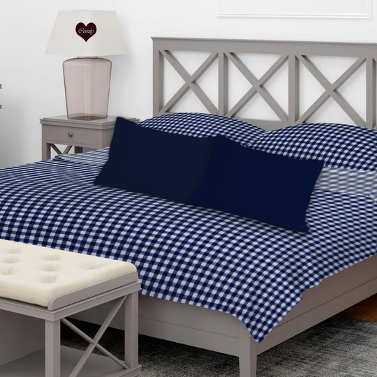 Blue Checks Cotton 200 TC Bedsheet + 4 Pillow Covers