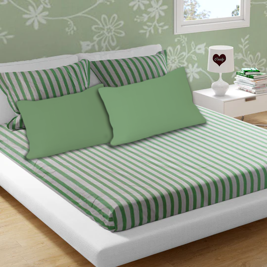 Green Stripes Cotton 200 TC Bedsheet + 4 Pillow Covers