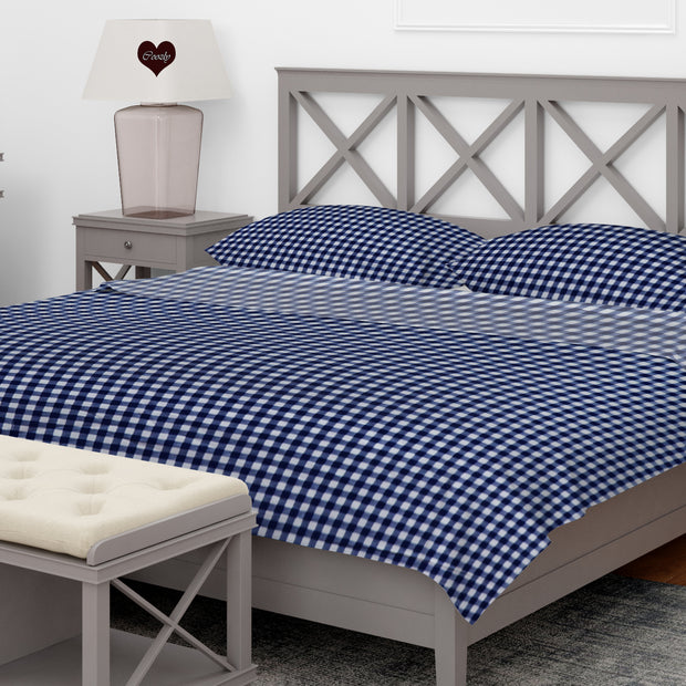 Blue Checks Cotton 200 TC Bedsheet + 4 Pillow Covers