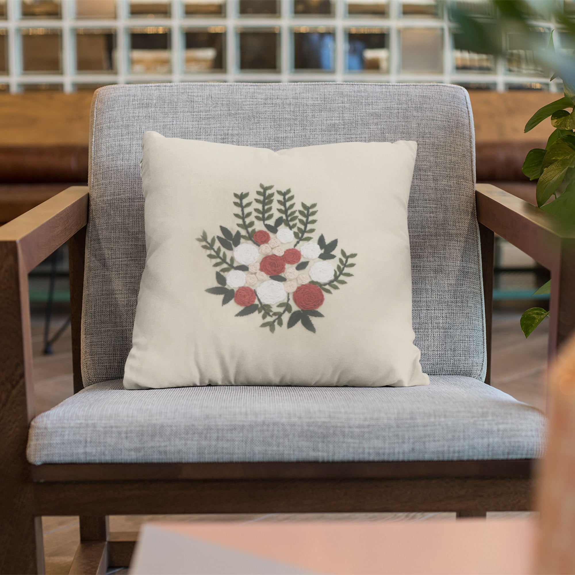 Beige Floral Hand Embroidered Cushion