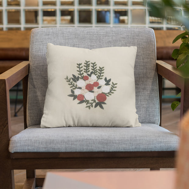 Beige Floral Hand Embroidered Cushion