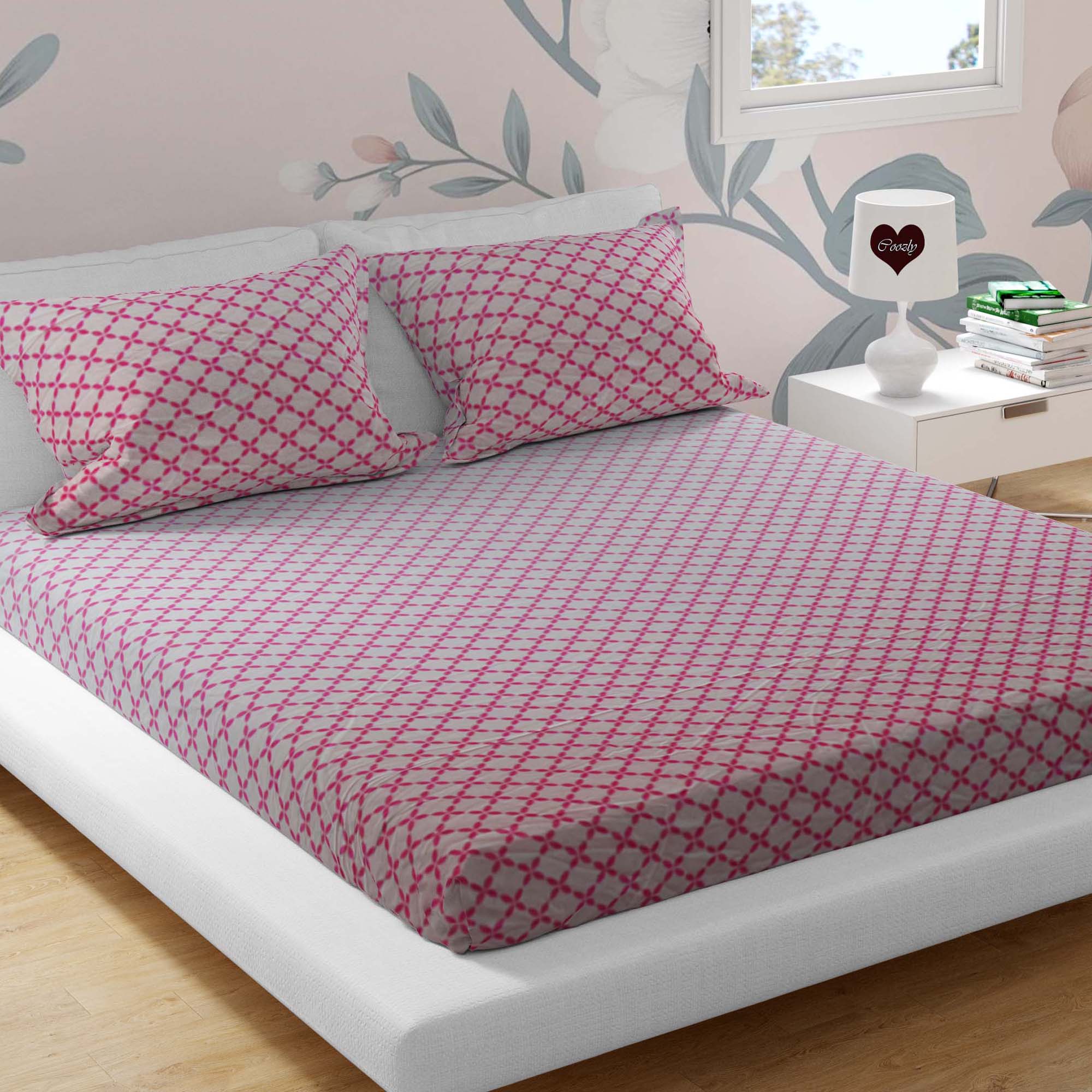 Pink Cascade Cotton 200 TC Bedsheet + 4 Pillow Covers