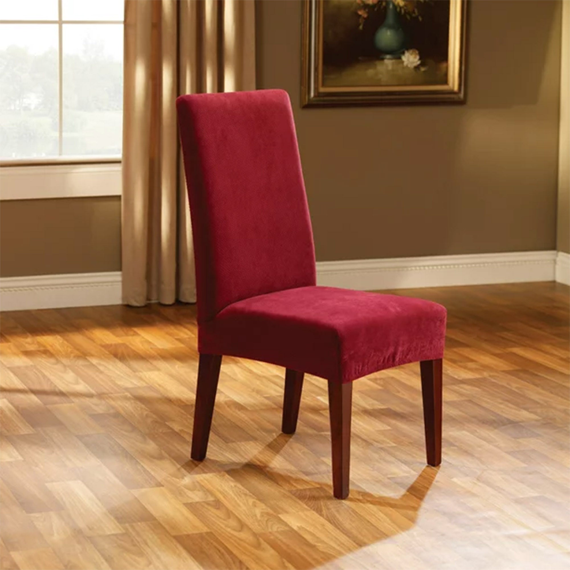 Maroon Suede Full Back Solid Wood Dining Chair